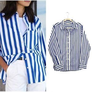 NEW AYR THE Deep End oversized cotton shirt in blue stripe
